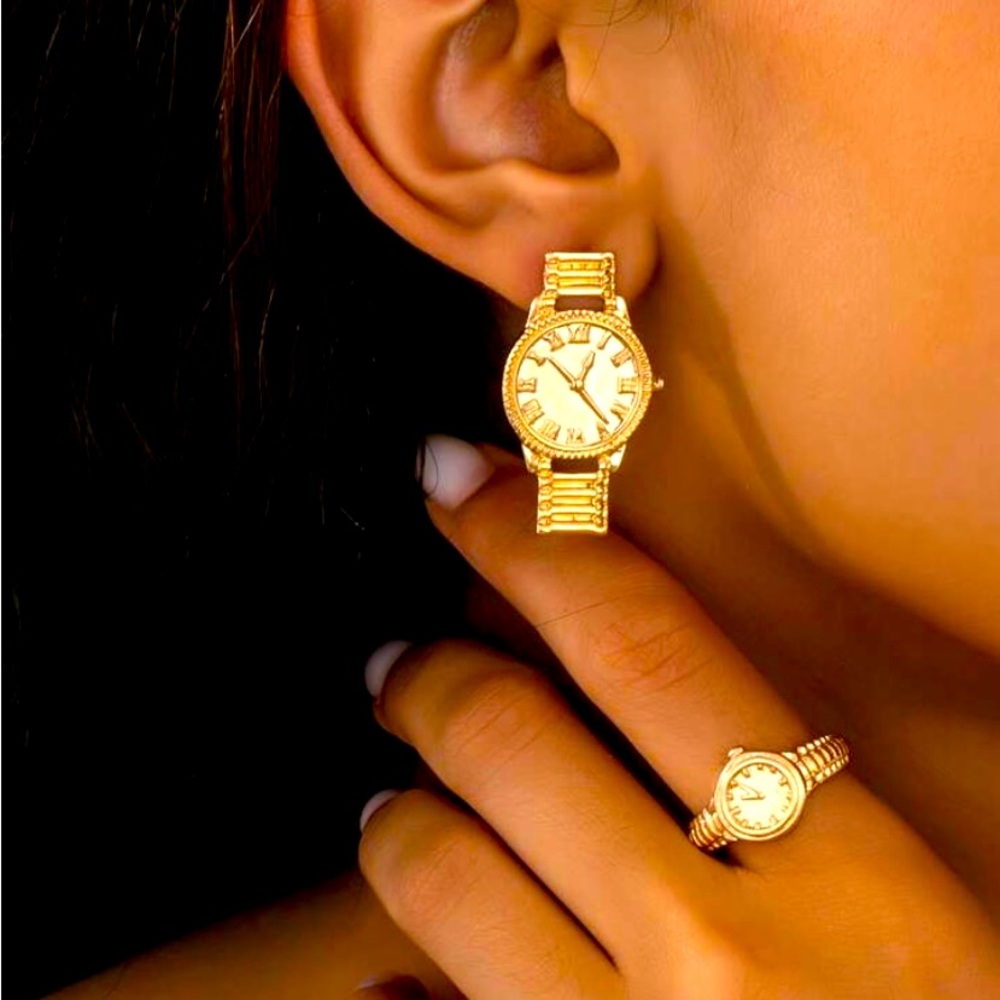 Gold Watch Earrings and Ring Set